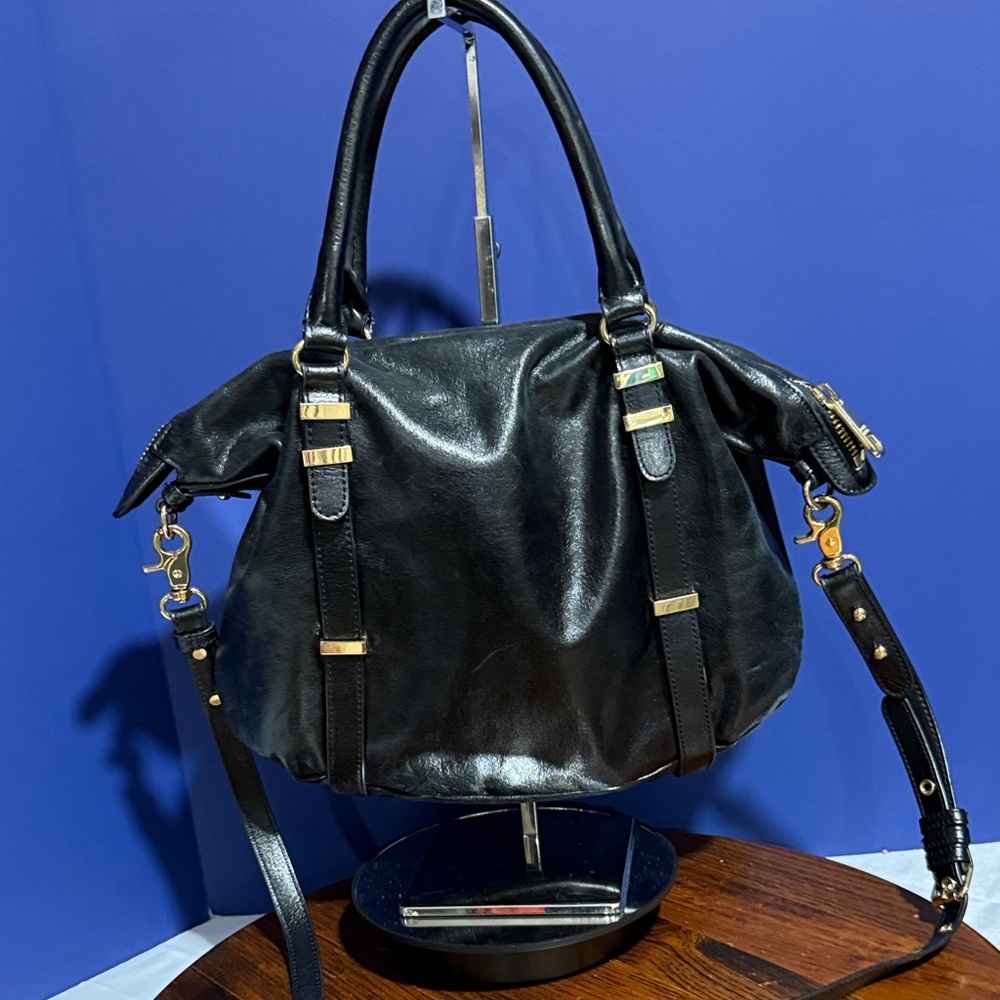 Badgley Mischka Glossy Black Hobo with Gold Details
